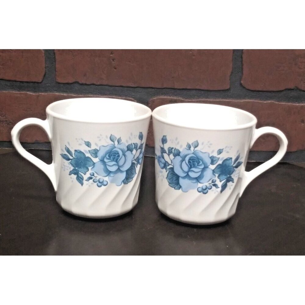 2 Vintage Corning Corelle Mugs Coffee cups Blue Velvet Rose Floral Pattern swirl